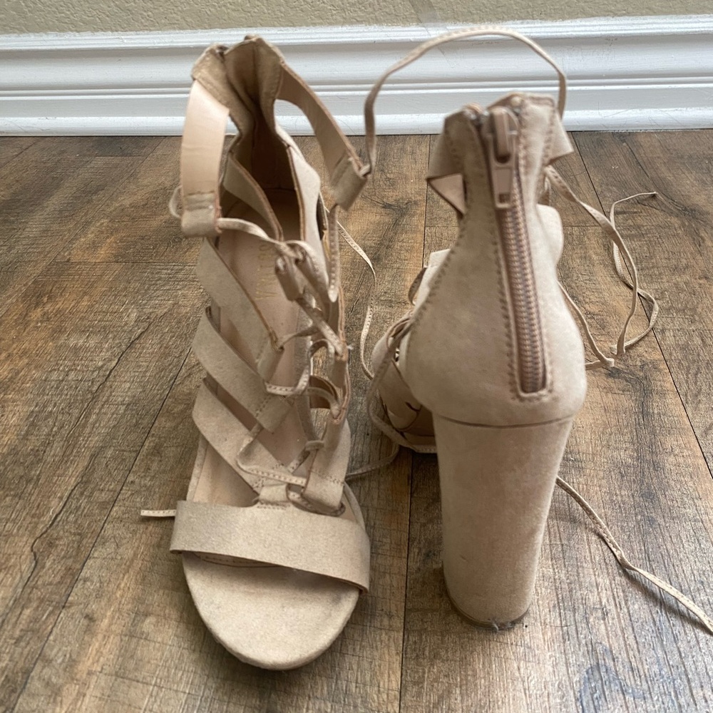 Miss Lola Tan High Heeled Sandals with Lace Up Design